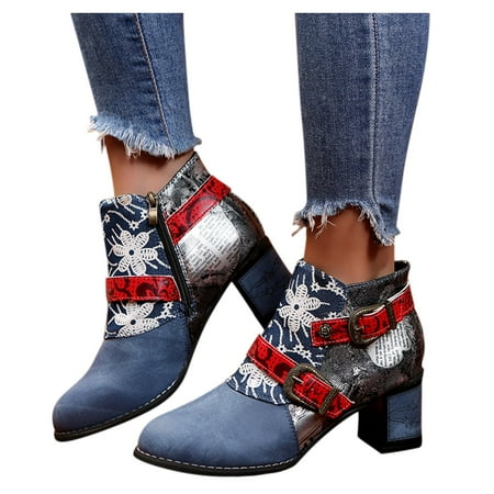 

NECHOLOGY S Boots for Women Mini Zipper Booties Heels Toe Women Flower Embroidery Short Suede Boots for Women No Heel Blue 7