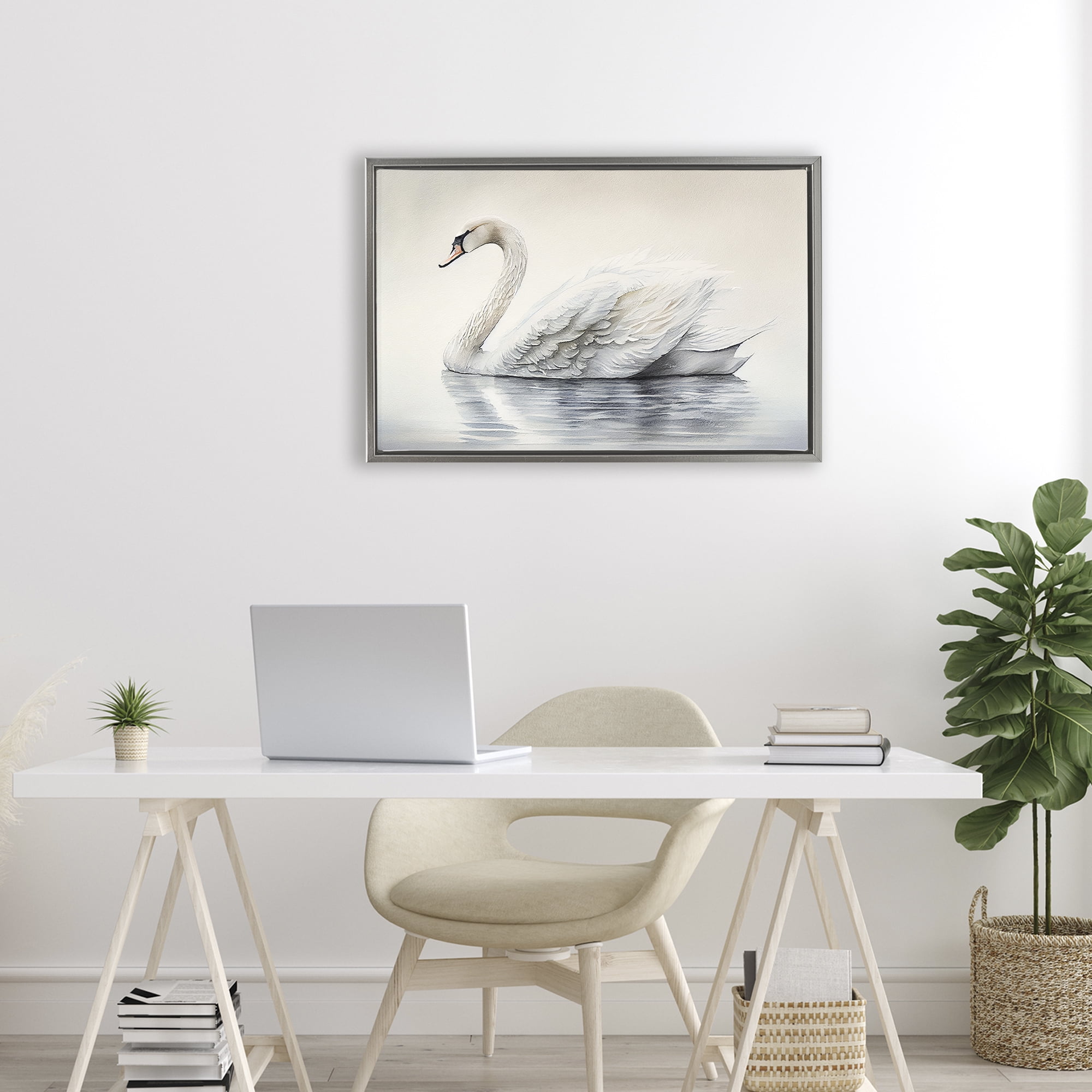 Elegant Floating Swan Gray Framed Floater Canvas Wall Art, design by Sasha