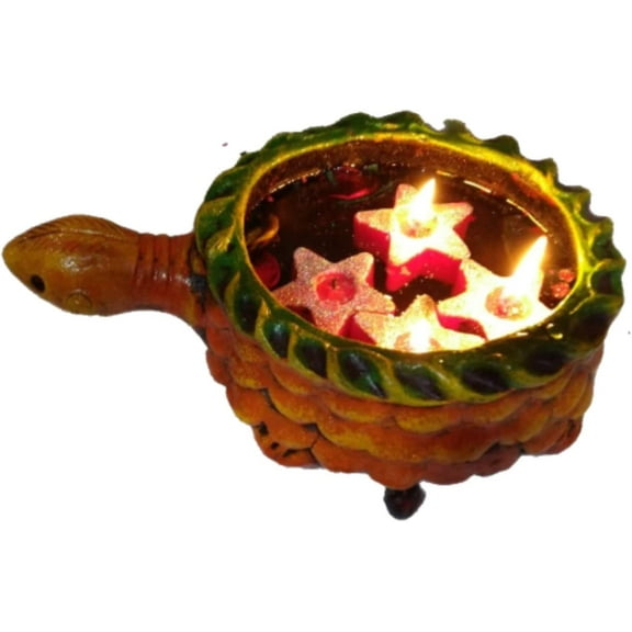 India Meets India Star Shape Floating Aroma Candles Big Terracotta Hand Painted Decorative Bowl and Potpourri Dried Flowers (Turtle, 11.5 x 9 Inch)