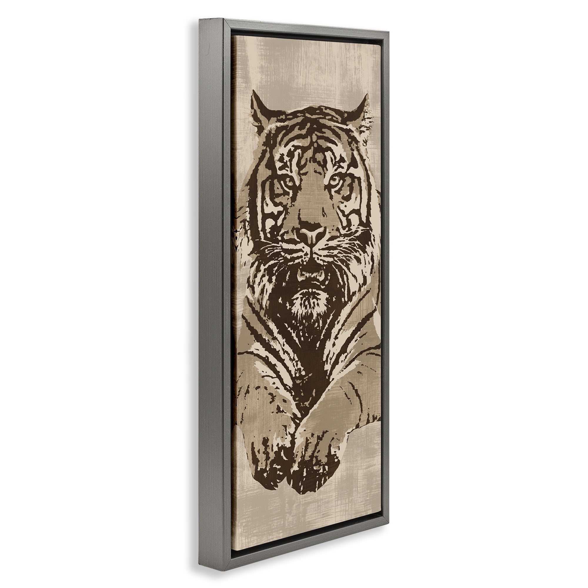 Stupell Industries Fierce Tiger Baring Teeth Animals Painting Gray Floater Framed Canvas Art Print Wall Art, 14 x 31