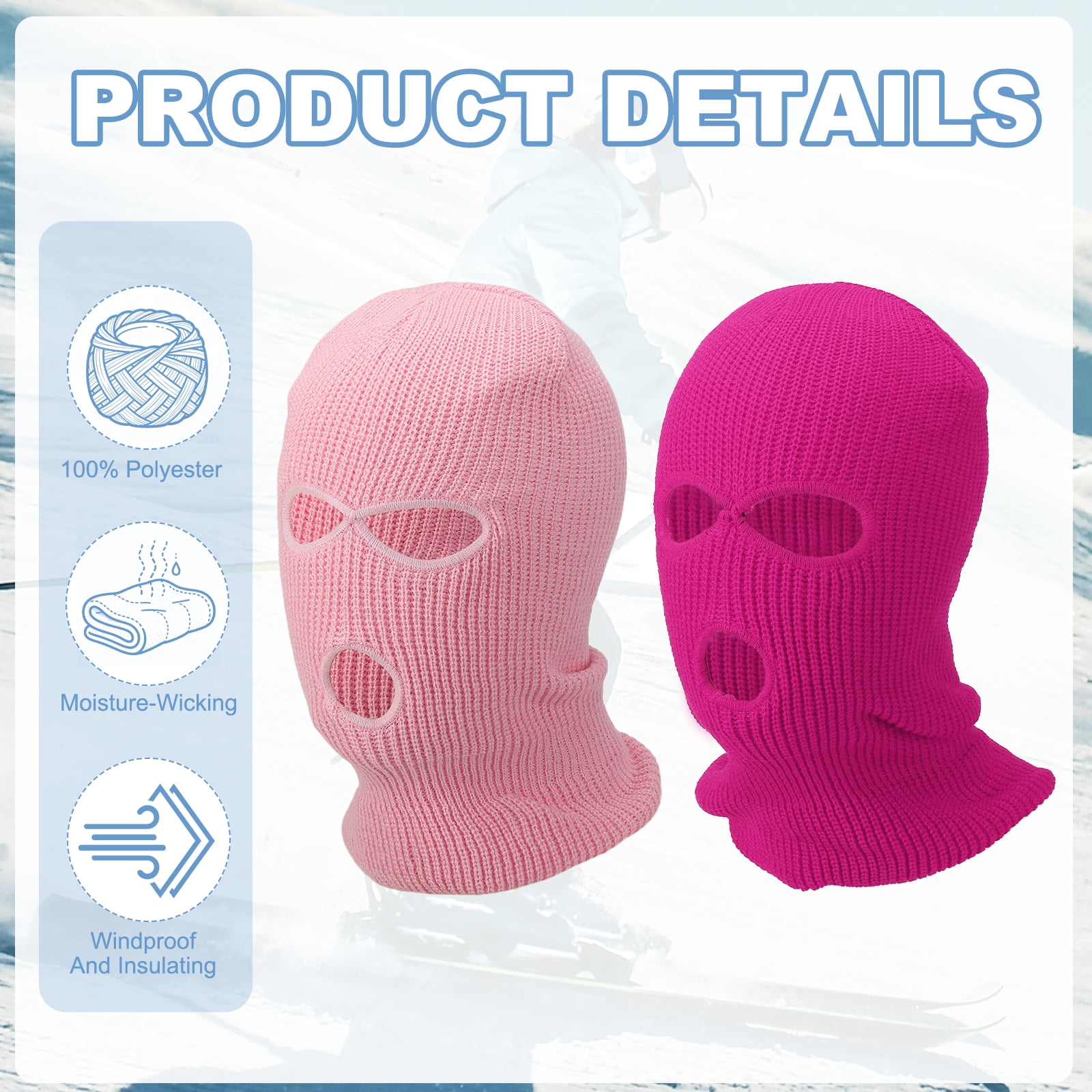 Uxcell 3-Hole Full Face Mask Cover, Ski Mask Knitted Warm Knit Cover Winter Balaclava Face Mask Cap Ski Polyester&2Pcs&Rose Red/Light Pink-Fitting for ( Men/Women/Winter Sports/Skiing)