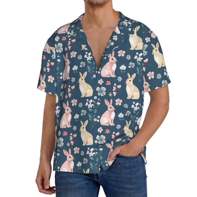 Balery Cute Rabbit Floral Camisa Casual de Manga Corta con Botones para Hombre, Texturizada, Estilo Cubano, para Playa, Verano-Large