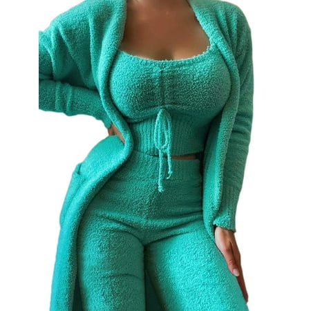 

Bomotoo Women Warm Fleece Nightwear Suit Wide Leg Sleeveless Cardigan Outfit Set Loungewear Casual Open Front Lounge Sets Green L