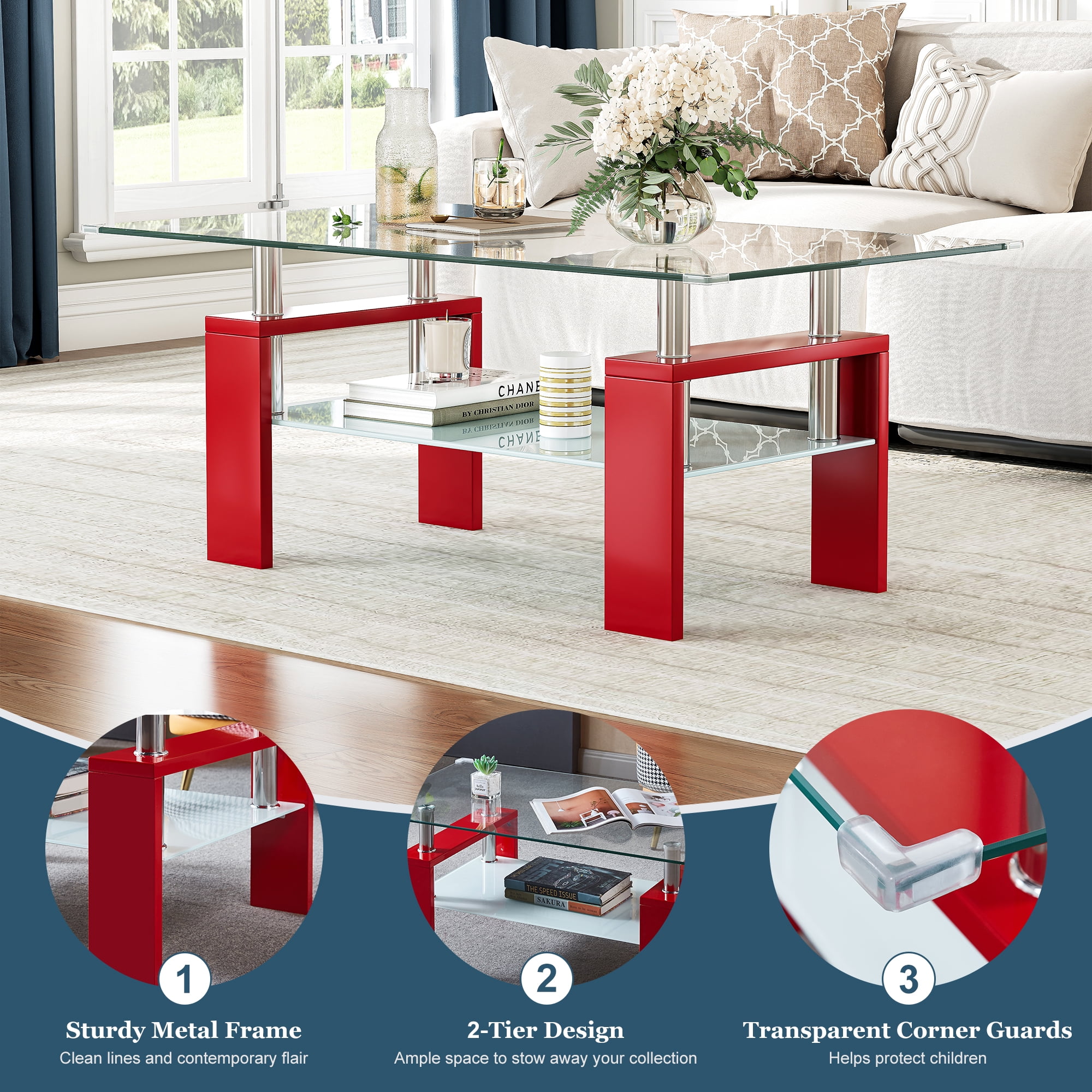 Rectangle Glass Coffee Table, 37.2"  2-Tier Modern Tea Table with Storage Shelf for Living Room