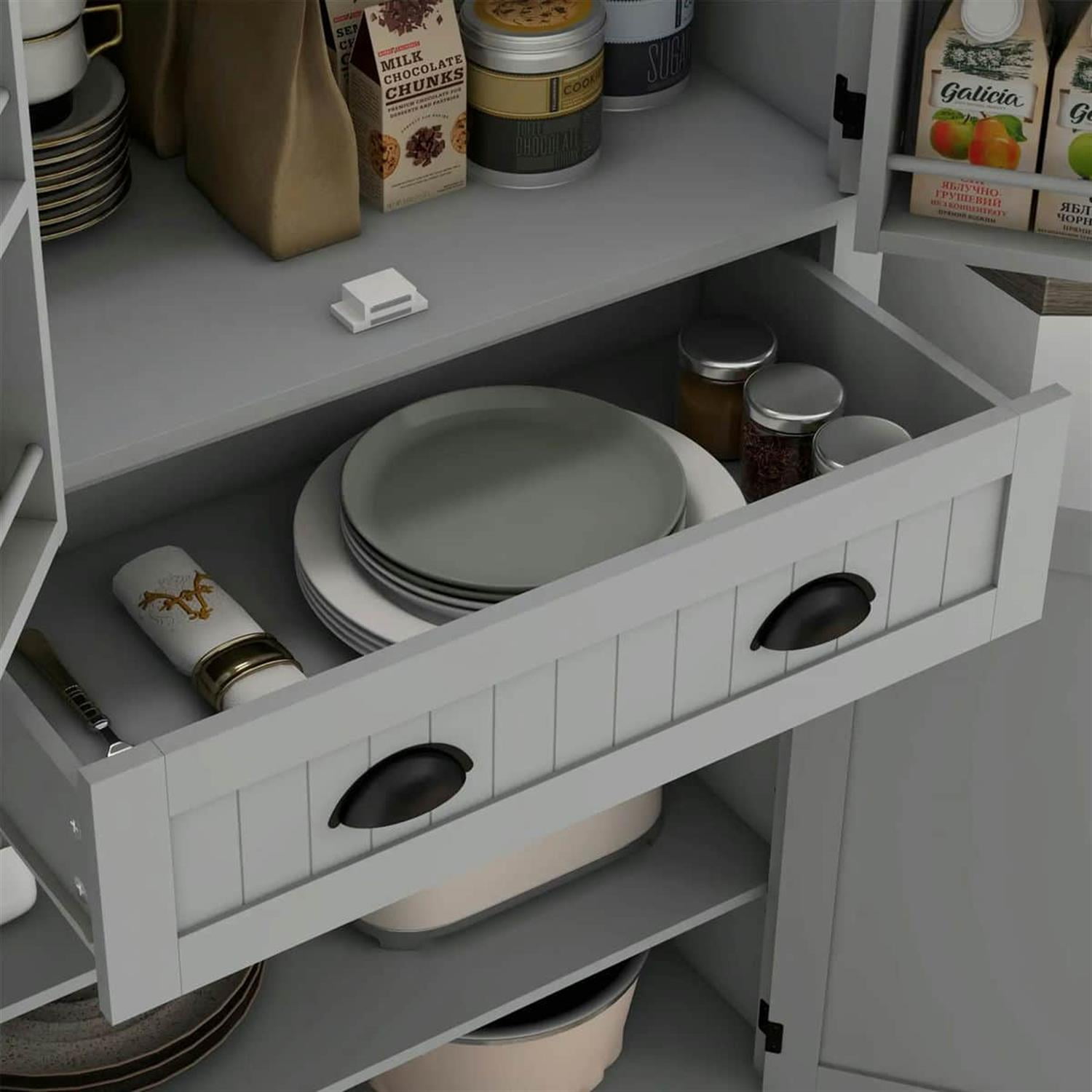 Demi Bonn 71" Large Kitchen Pantry Cabinet with LED Lights, 6 Sliding Shelves, Drawer & 4 Adjustable Shelves for Kitchen Organization, Gray