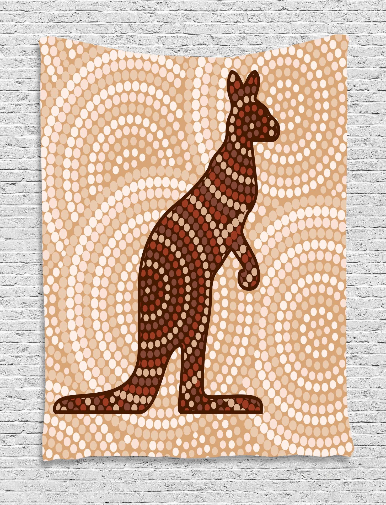Tropical Animals Tapestry, Aboriginal Kangaroo Motif Ancient Cream