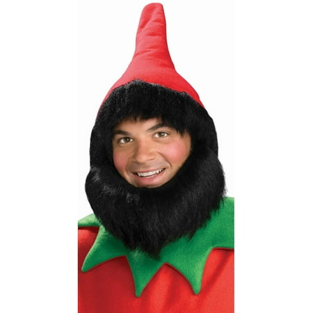 Adult Christmas Elf Red Costume Hat With Black Hair And Beard