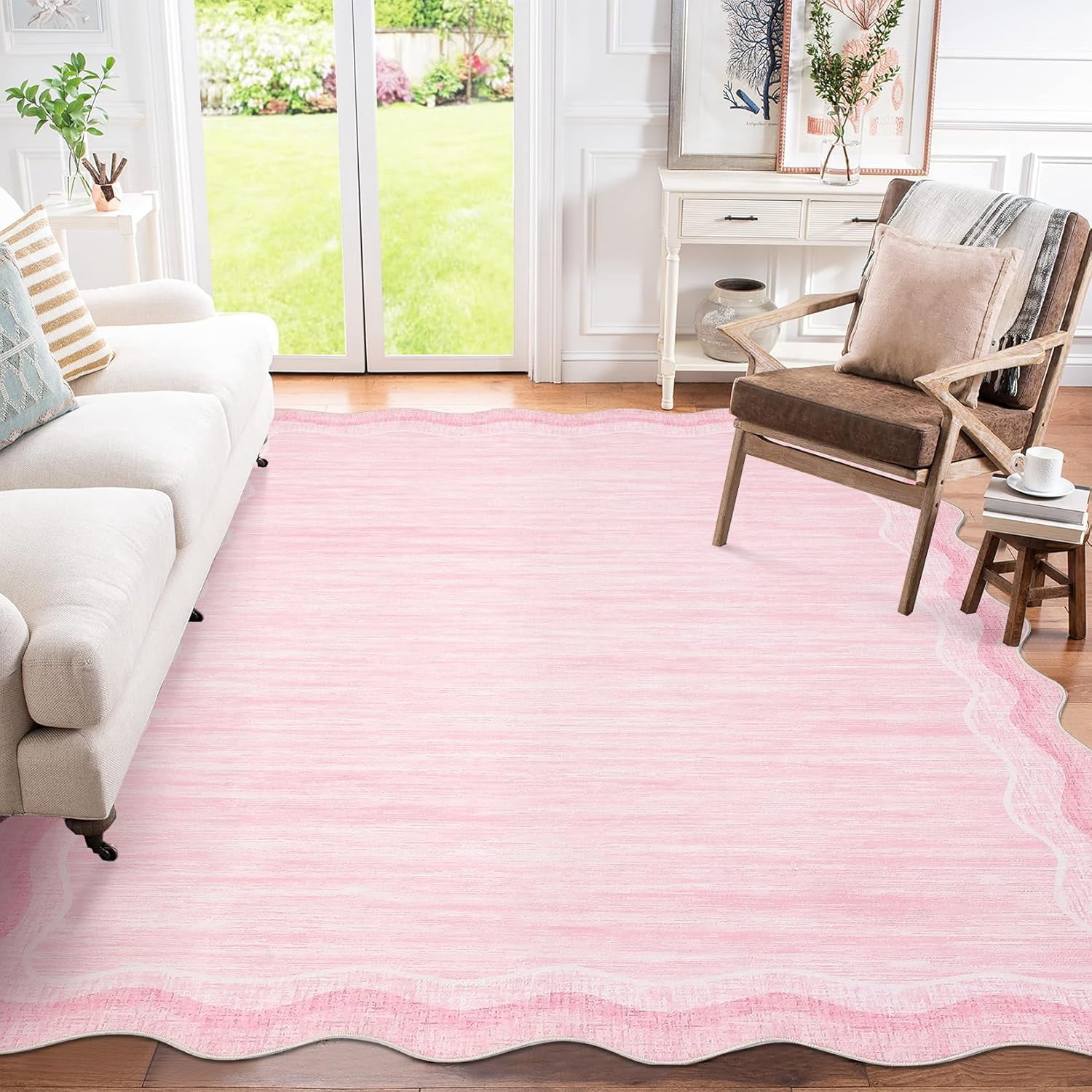 Washable Area Rug 9x12 Scalloped Rugs for Living Room 9x12 Large Scalloped Carpet, Non-Shedding Contemporary Easy Cleaning Mats, Solid Modern Pink Rug for Bedroom Dining Room Playroom