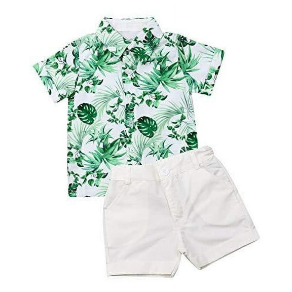 StylesILove Little Boys Green Tropical Leaf Printed Button-Up Shirt and Short 2pcs Summer Outfit