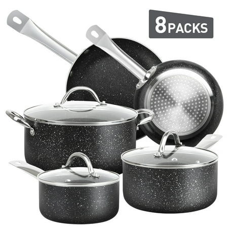 FGY 8-Pcs Nonstick Cookware Set Stone-Derived Ceramic Coating, Maifan Stone Pans and Pots, 8