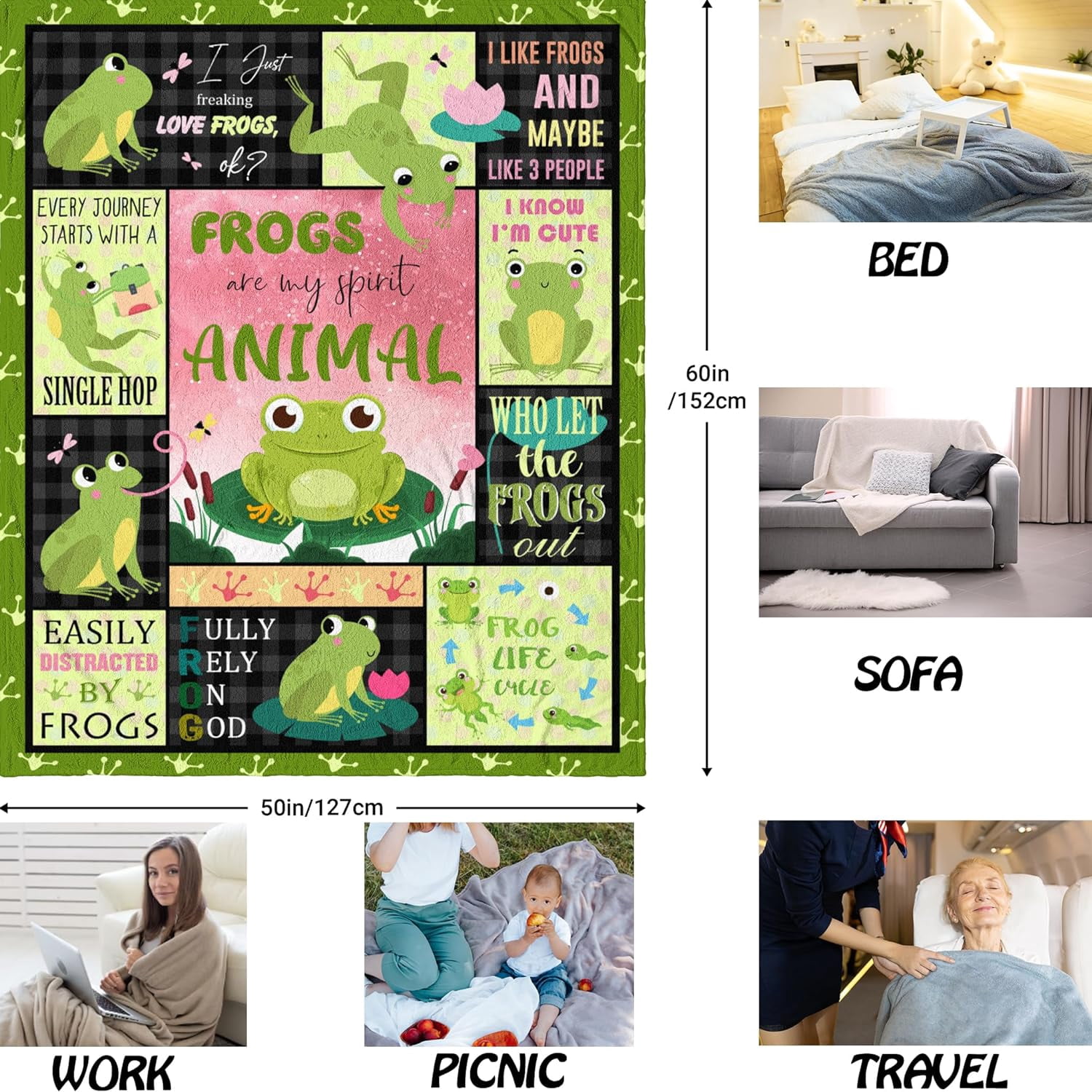 QOJUYO Frog Gifts for Women Men Throw Blanket 60"x50" Frog Themed Gifts for Frogs Lover
