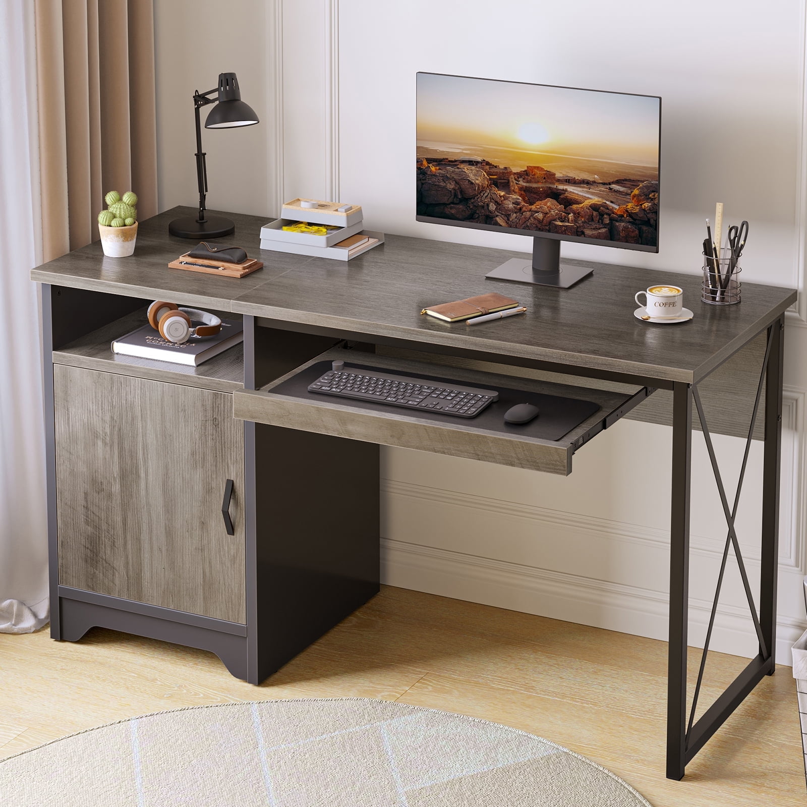 Bestier Home Office Desk 47" Computer Desk Small PC Table with Keyboard Tray and Storage Cabinet,Wash Gray