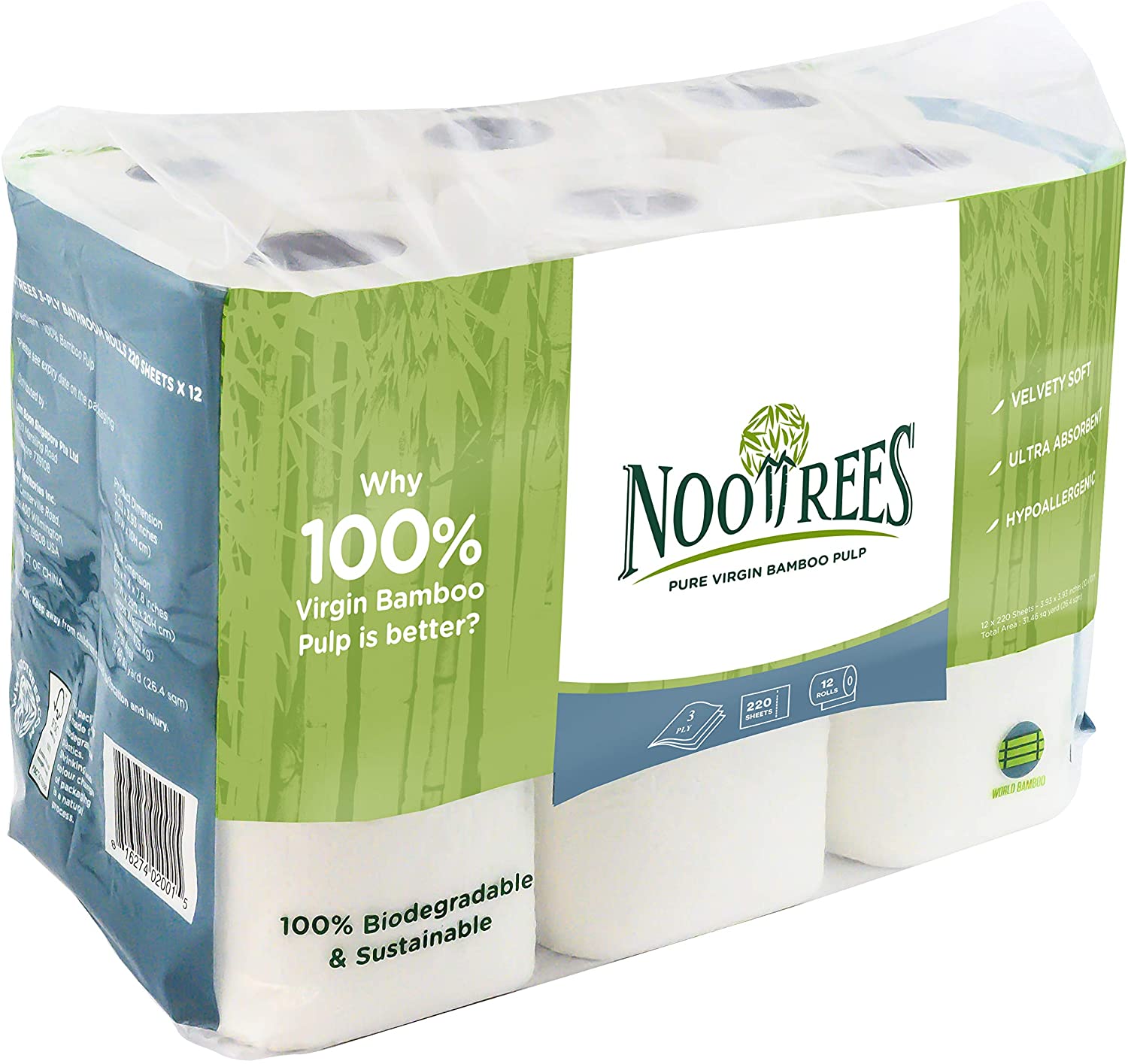 Bamboo , Eco Friendly, Tree-Free, Biodegradable, Septic Safe, Chemical-Free, FSC Certified Bathroom Tissue, 3-ply , 220 Sheets, 12 Rolls, Pack of 1