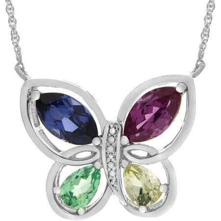 3.57 Carat T.G.W. Multi Lab-Created Sapphire and Diamond Accents in Sterling Silver Butterfly Pendant, 18
