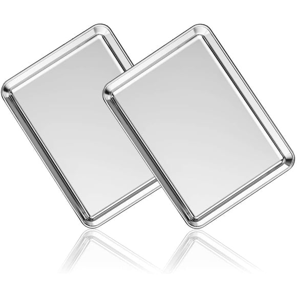 Stainless Steel Baking Sheet Set of 2, Cookie Sheet Metal Baking Pan Oven Tray, Non Toxic & Heavy Duty, Rust Free & Mirror Finish, Easy Clean & Dishwasher Safe, 10.4 x 8.1 x 1 Inch