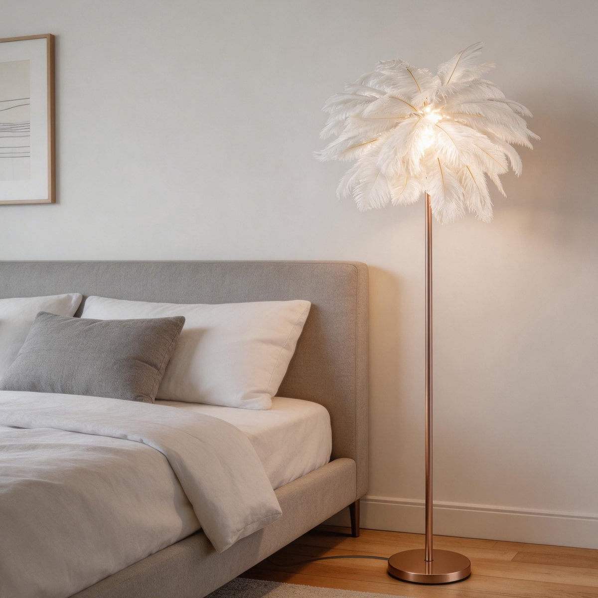 Feather Floor Lamp for Living Room, Fluffy Ostrich Feathers Lamp, Rose Gold Color Body with 5 standard G4 Bulbs - White