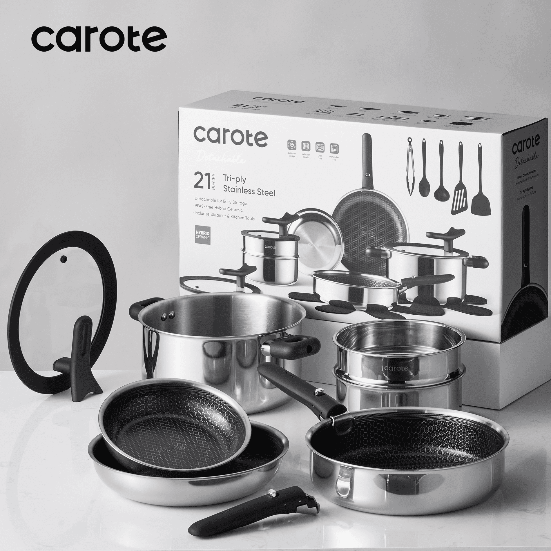 Carote 21-Piece Stainless Steel Cookware Set with Detachable Handle, Ceramic Hybrid Non-Stick, Easy Stacking, Stand-up Lid, Oven/Dishwasher Safe, Black