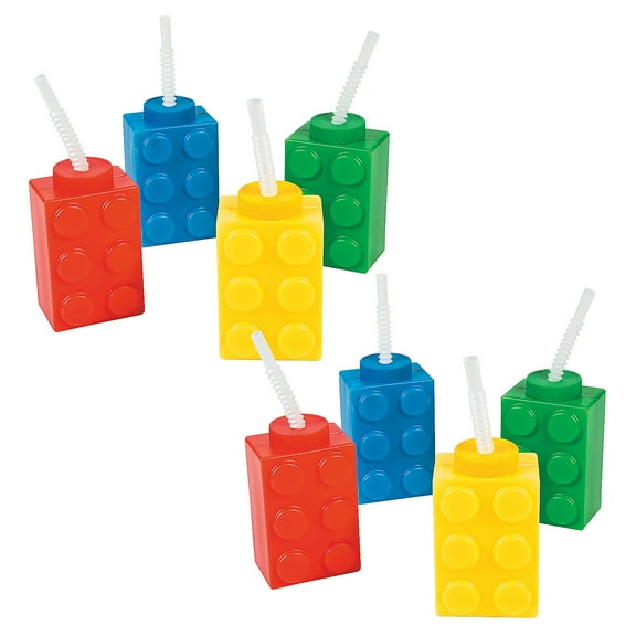 Fun Express Color Brick Party Reusable BPA-Free Plastic Cups with Lids & Straws Bulk 48 Ct