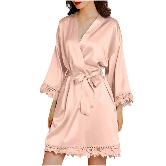 IROINNID Long Sleeve Dress for Women Homewear Long-Sleeve V-Neck Dress Color Lace Night-Robe One Size ,Pink
