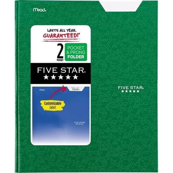 Five Star 2 Pocket Paper Folder with Prongs Green