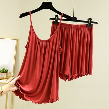 asjyhkr Ensembles de Pyjama pour Femmes 2 Pcs Bretelles Spaghetti Débardeur et Shorts Drapé Fluide Doux Respirant Vêtements de Nuit Amples
