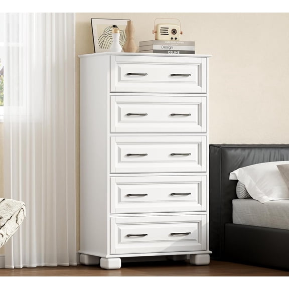 5 Drawer Chest of Drawers for Bedroom, 50" Tall Wooden Storage Organizer, Modern Dresser for Closet, Farmhouse Closet Drawers White Dresser for Bedroom