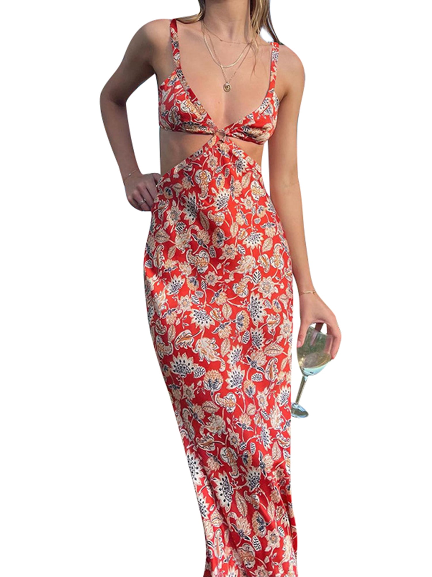 Sling Long Dress, Floral Printed Hollow 