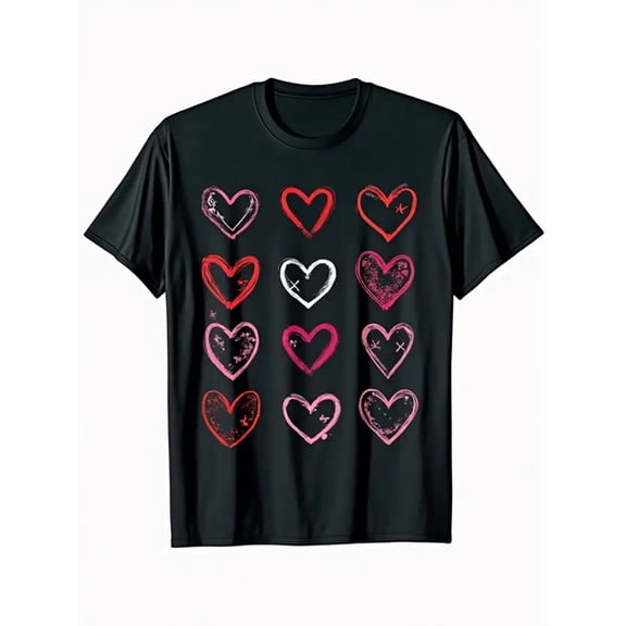 Valentine's Day Hearts Love T-Shirt - 100% Cotton 180gsm Casual Round Neck Short Sleeve Tee with Cute Heart Print, S-XXXL Black Shirt for Men & Women, Year-Round Comfortable Gift