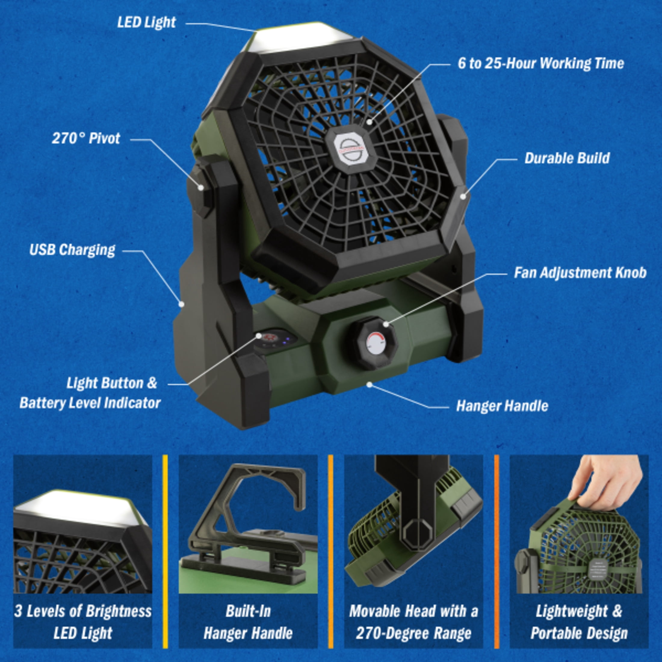 Camping Fan with Tent Light - Rechargeable 5400mAh Lithium Battery Operated Portable Fan - Camping Essentials for Tenting by Wakeman Outdoors (Green)