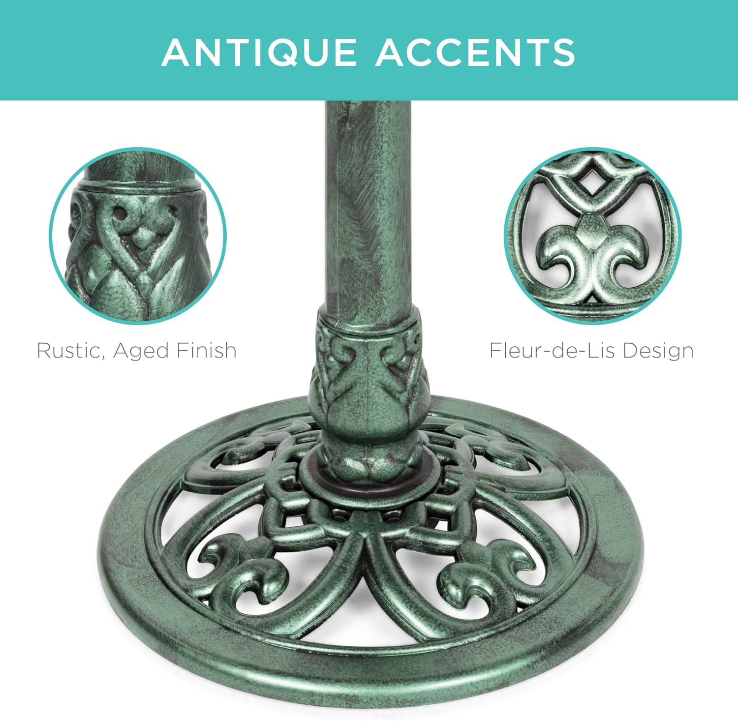 HJTER 28in Pedestal Bird Bath, Vintage Outdoor Resin Accent Decoration w/Fleur-de-Lis Accents - Mint Green