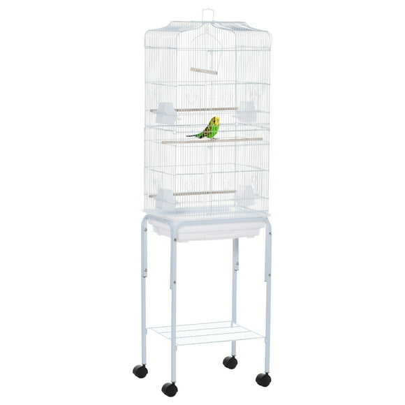 PawHut 62" Cage à Oiseaux Cage avec Roues, Support Détachable, Rangement, Blanc
