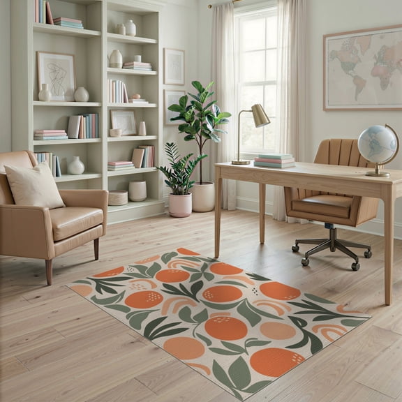 ODIKA 4'x6' Orange Green Vibrant Orchard Inspired Washable Area Rug Botanical Patterns with Modern Artistic Flair for Bedroom, Reading Nook, Pet Friendly & Non-Shedding