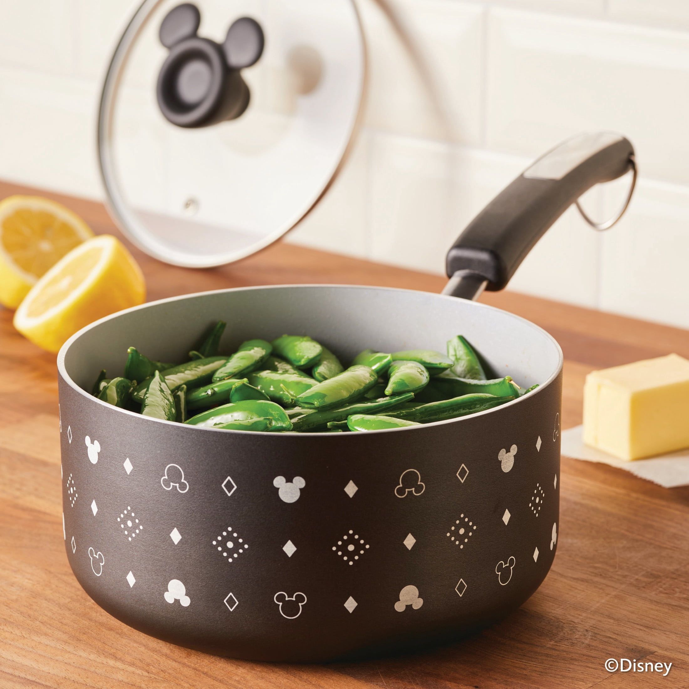 Farberware Disney Monochrome 2 Quart Ceramic Nonstick Saucepan with Tempered Glass Lid, Dishwasher Safe, Black