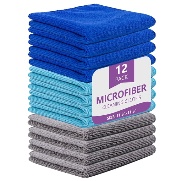 cisilov Microfiber Cleaning Cloth 12 Pack Reusable Microfiber Towels, 11.8x11.8 Inch Lint Free Cleaning Rags for Kitchen Bathroom Car Household