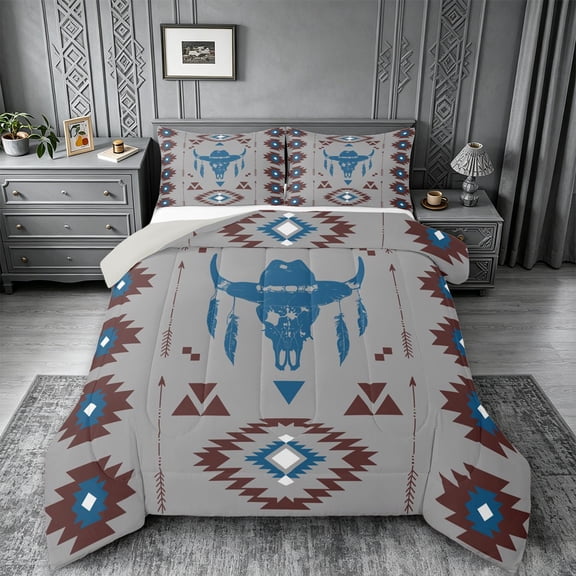 jejeloiu Calm Western Full Size Comforter Sets,Serene Print Bedding Comforter Set For Boys,Gray Blue,Light Gray Reversible,3pcs,1 Comforter and 2 Pillowcases