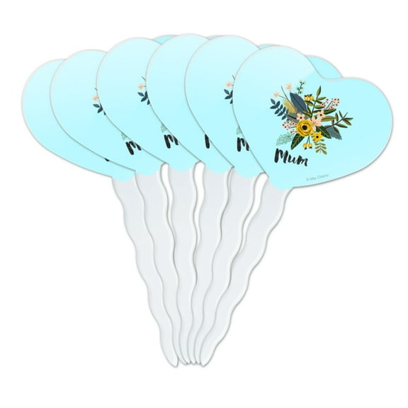 Mum Mom with Flowers Mother's Day Heart Love Cupcake Picks Toppers Decoration Set of 6