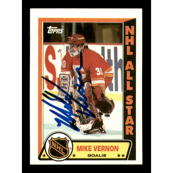 Mike Vernon Autographed 1989-90 Topps Stickers Card #12 Calgary Flames SKU #251589