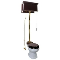 Renovators Supply High Tank Pull Chain Toilet w/Dark Oak Wooden Flat High Tank 59" to 74" Adjustable Height Brass Z Pipe and Round Toilet Bowl