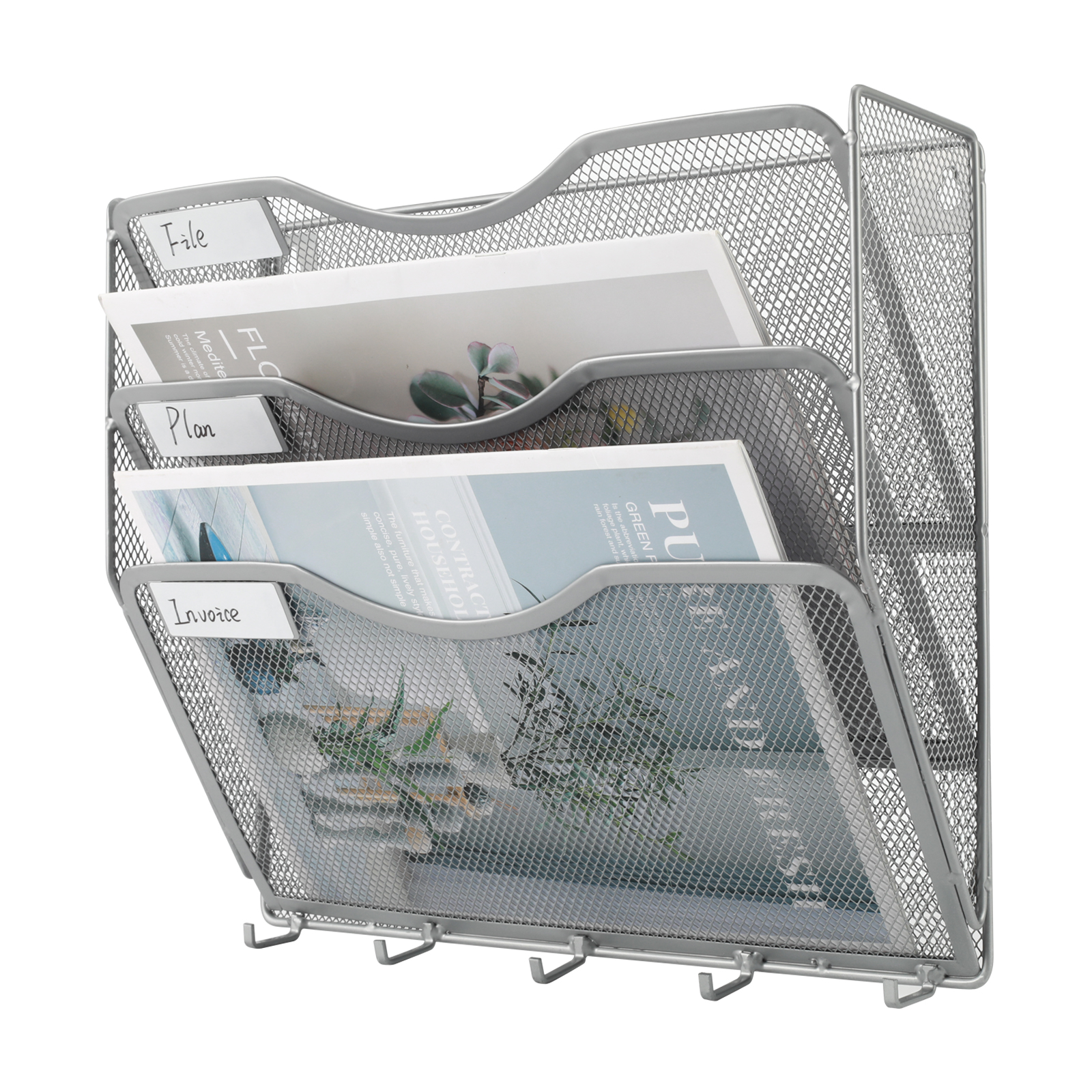 EasyPAG File Organizer Mesh Hanging Wall File Holder 3 Pocket Paper Magazine Rack with Key Hooks,Silver