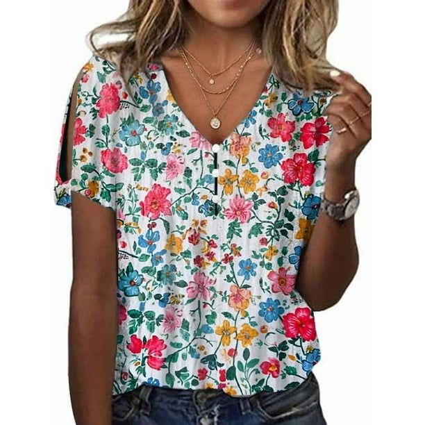 Blusa HOTYD de verano con estampado floral bohemio y cuello en V para mujer