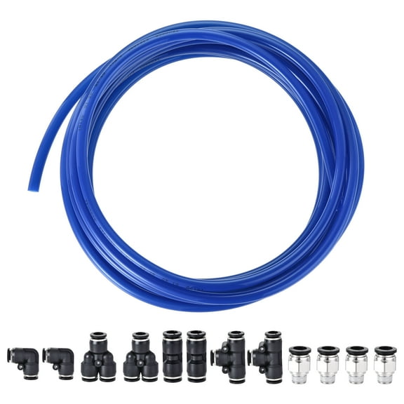 Uxcell Pneumatic 8mm OD PU Air Hose Tubing Kit 5M Blue with Push to Connect Fittings