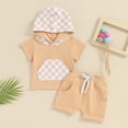 thumbnail image 2 of Bagilaanoe 2pcs Toddler Baby Boy Girl Shorts Set Short Sleeve Checkerboard Print Hooded Tops + Shorts 6M 12M 18M 24M 3T Kids Casual Summer Clothes, 2 of 6