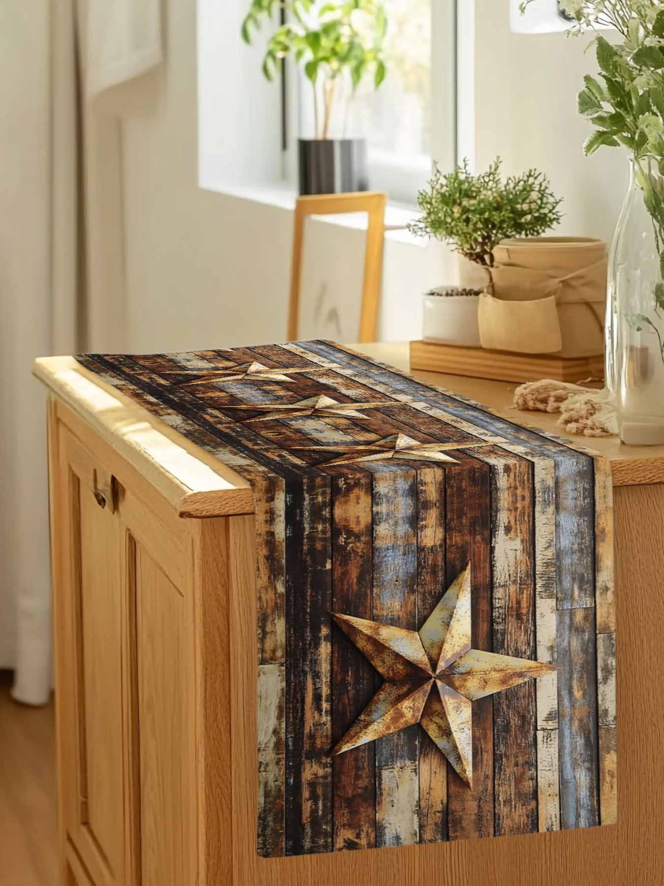 Vintage Texas Star Wood Grain Table Runner 90 Inches Long, Farmhouse Barn Board Table Runners Tabletop Scarf Kitchen Dining Tables Decoration for Home Party Indoor Outdoor