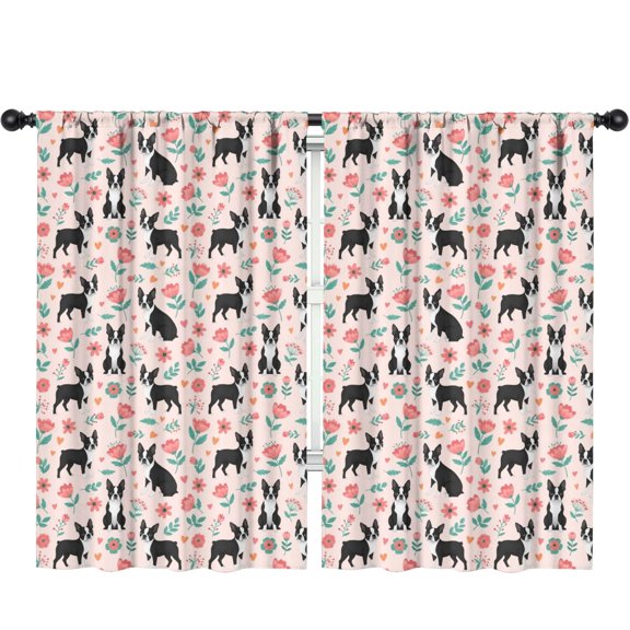 Blackout Kids Curtains,Boston Terrier and Floral Pink Pattern Children's Insulated Curtains Set Of 2,Bedroom Essentials,Toddler Room Decor 52"x84"