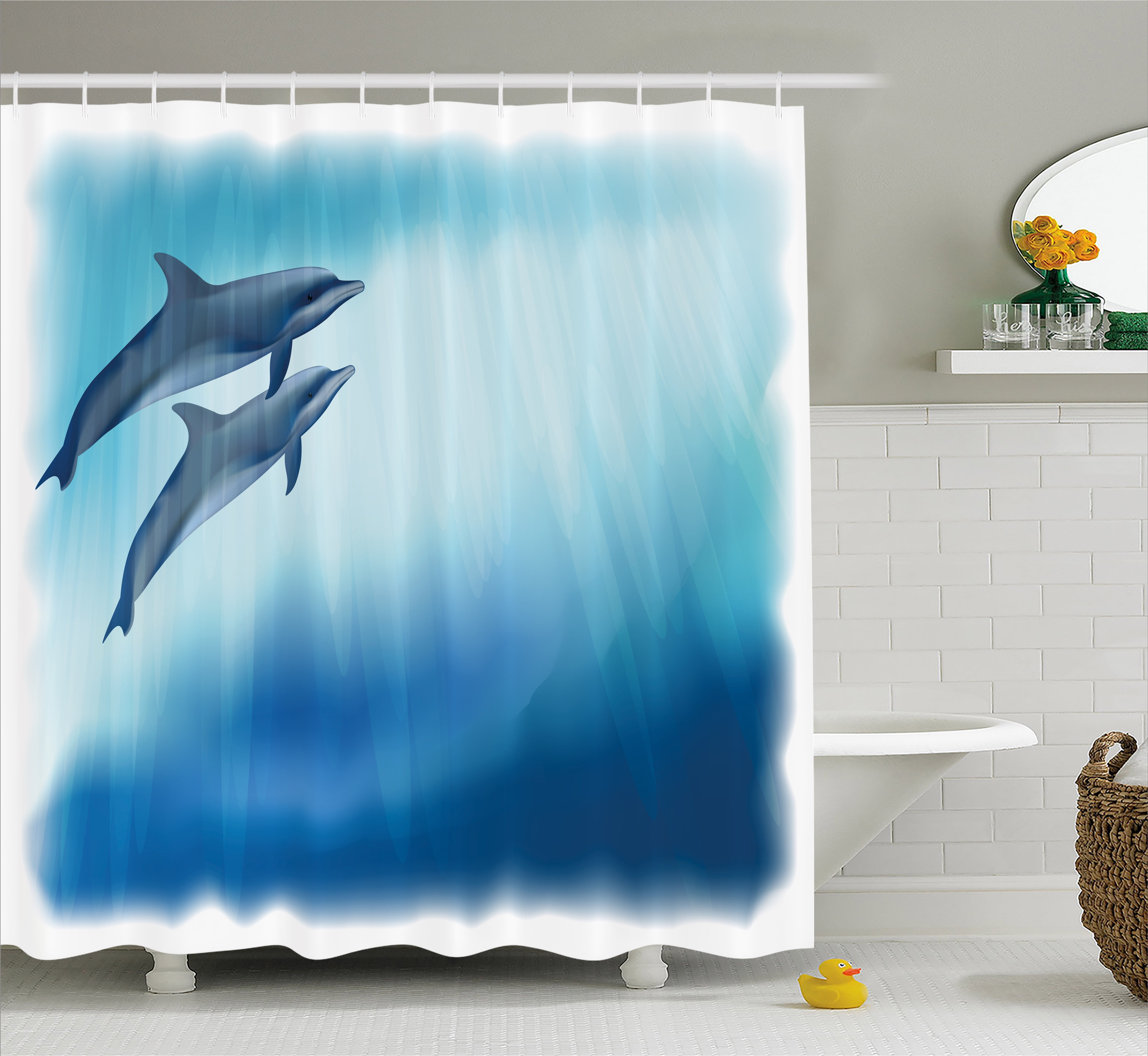 Dolphin Shower Curtain, Underwater Scene with Two Ocean Mammals in