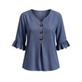 thumbnail image 4 of Hfnxid 3/4 Sleeve T Shirts for Women Loose Fit Striped Ruffle Shirt Button Up V Neck Blouses Dressy Casual Fall Clothes Blue M, 4 of 6