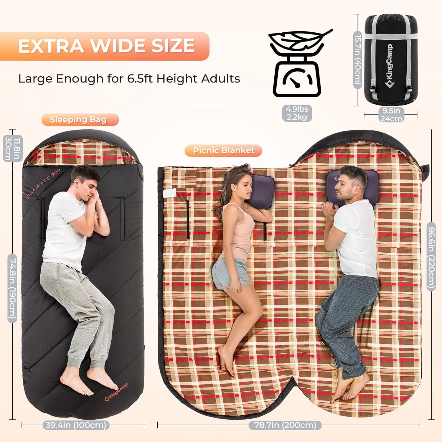 KingCamp Oversized Flannel Sleeping Bag for Adults, Portable Single Sleeping Bags for Camping with Flannel Lining & Armhole , 9°F-44°F, Black
