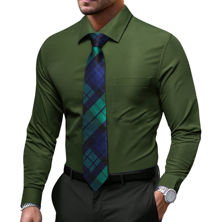 Barry Wang Solid Colors Mens Dress Shirt Matching Tie Set Formal Business Wedding Shirts Long Sleeve Button Down Casual Green 6pcs, Men's, Size: Large