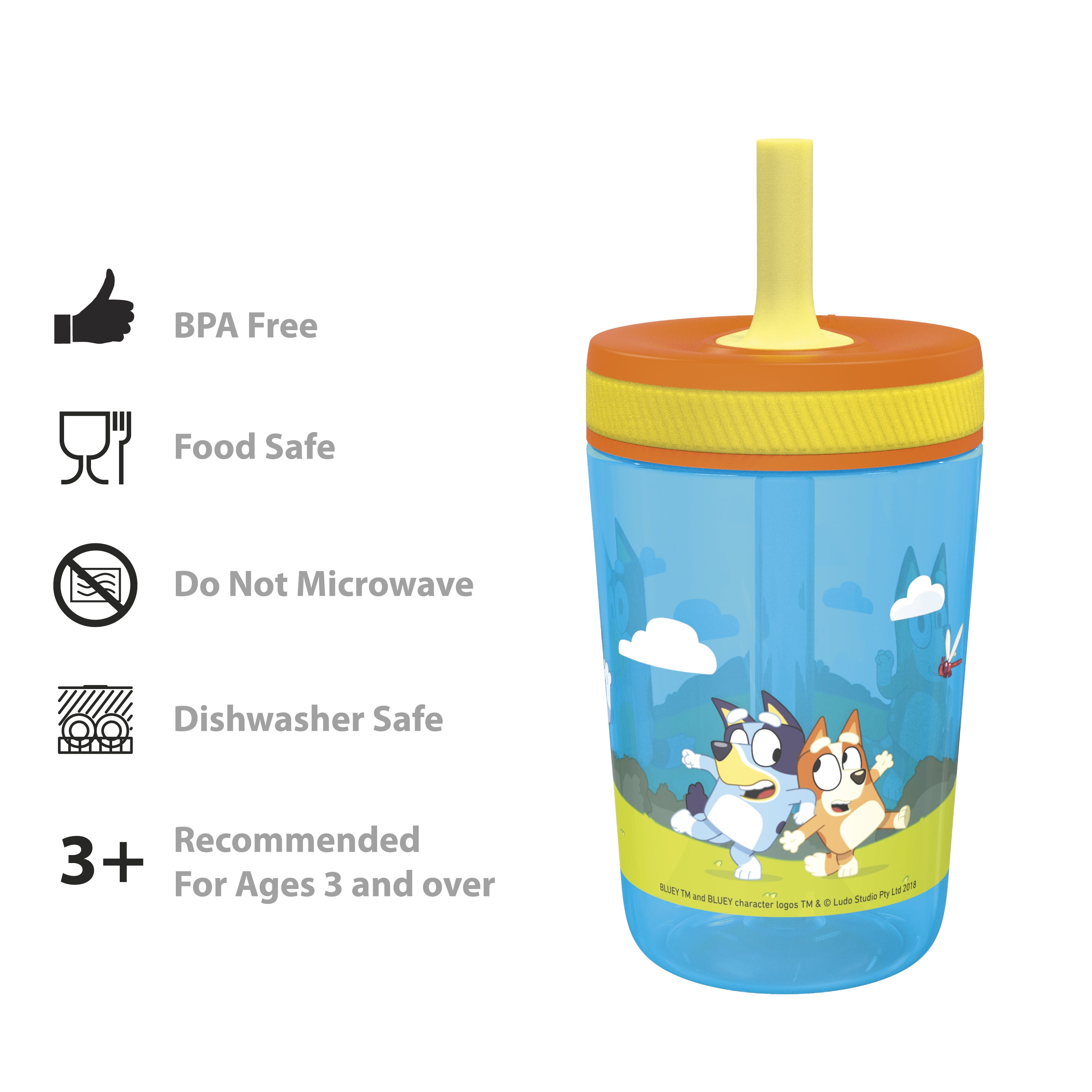 Zak Designs 15 oz Travel Straw Tumbler Plastic and Silicone with Leak-Proof  Valve for Kids, 2-Pack Bluey
