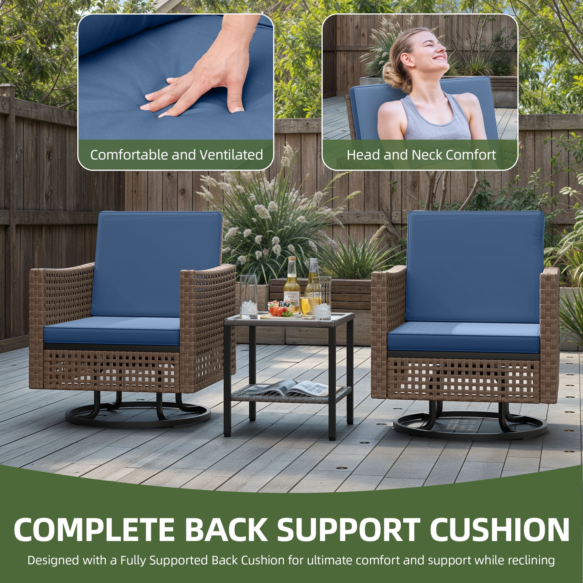 Uforic Patio Swivel Chairs, Outdoor Wicker Swivel Glider Rocking Chairs with Coffee Table and Thick Cushions for Porch Deck - Set of 3, Blue